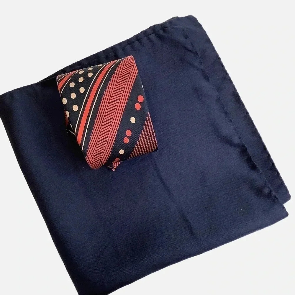 Vintage G Binda Italian Silk Tie Pocket Square Set Navy Coral Dot Stripe